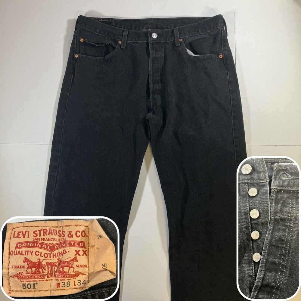 Vintage Levi's 501 Black Jeans Mens 38x34 Straight Leg Button Fly Y2K